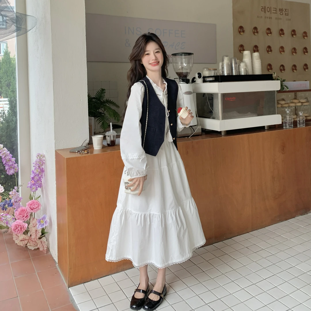 法式马甲米白色连衣裙套装女秋季2025新款减龄时尚甜美学院风减龄