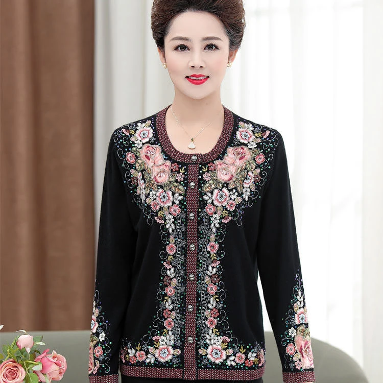 亿喜绣经典开衫款手工刺绣钉珠加肥加大码圆领羊毛衫外套83017
