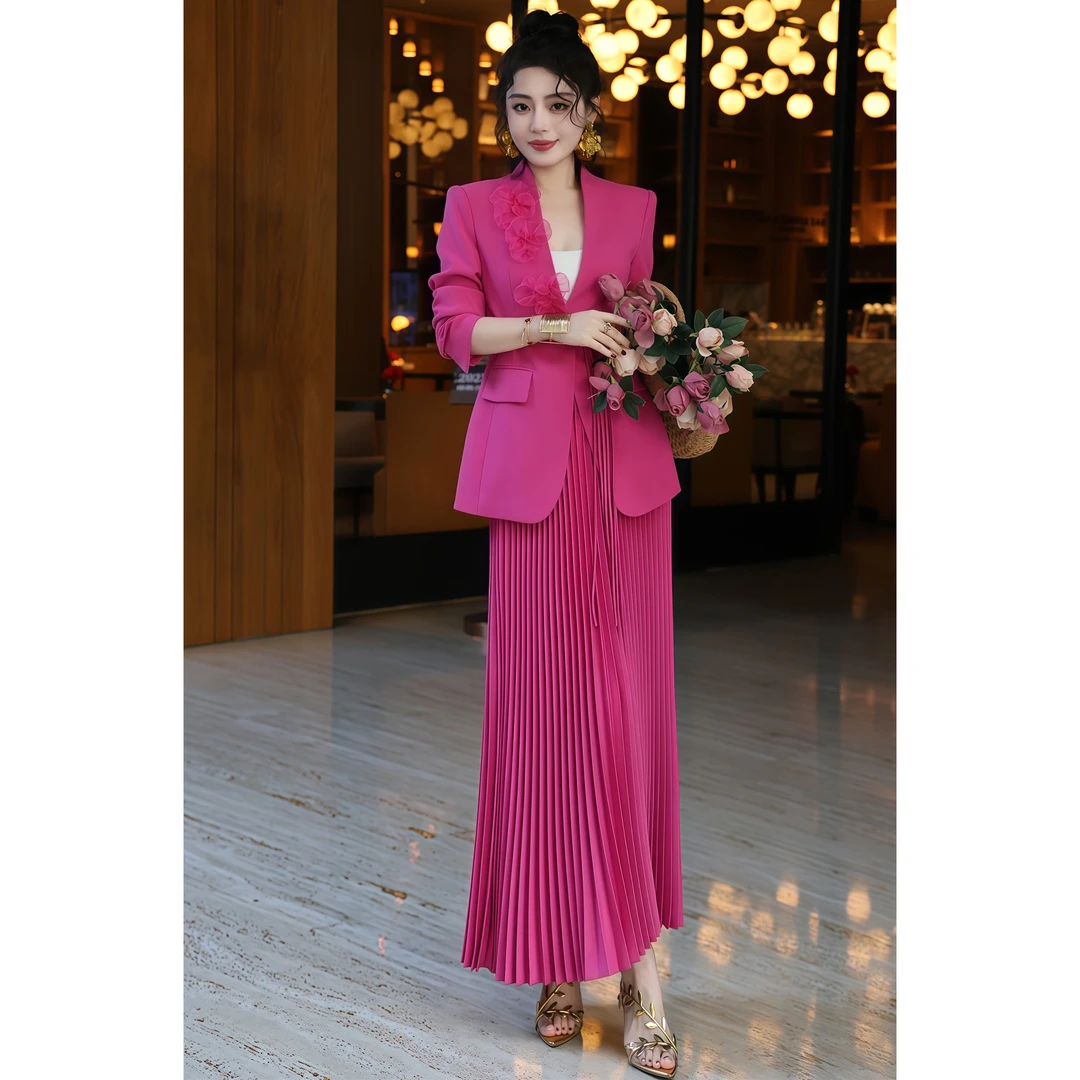 ZEROYK高级感时尚套装女2025春夏气质名媛西服百褶裙优雅两件套