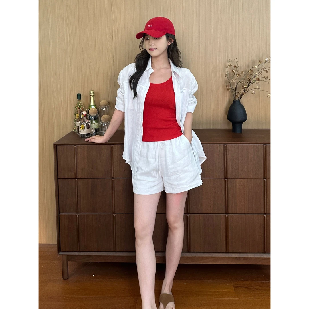 Yihouse【舒适区】亚麻套装慵懒风衬衫女款宽松短裤两件套Y8446