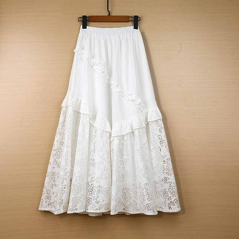 白色蕾丝A字半身裙常规女裙A字拼接高腰春夏蕾丝百搭显瘦裙子