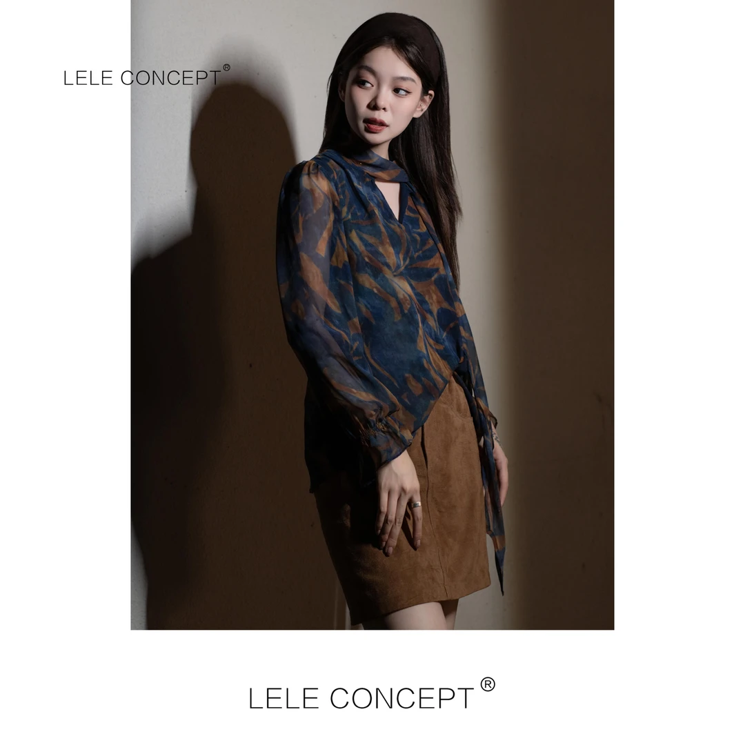 LELE CONCEPT丨轻奢港风设计款飘带老花衬衫FC25C0091W