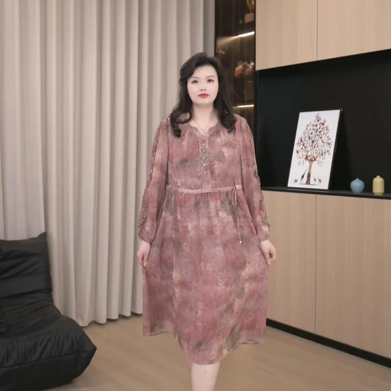 胖依依大码女装气质宽松长袖连衣裙粉色印花裙子ZB6182