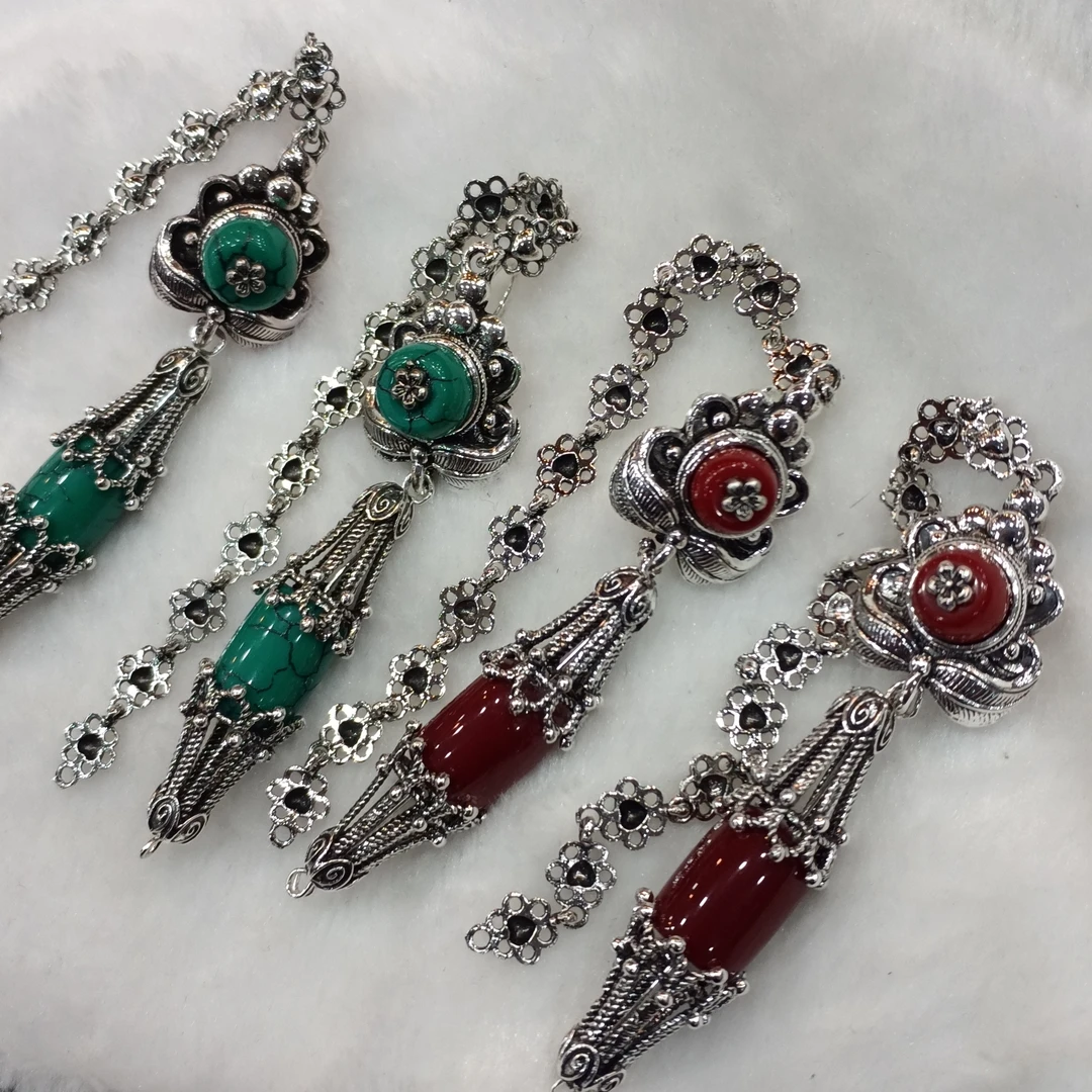 锌合金亚克力耳饰 藏族耳环中式气质长款合金做旧款