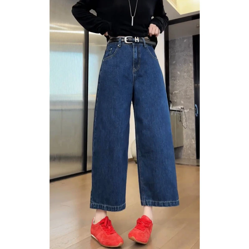 艾塔莉蓝色显瘦直筒牛仔裤春季新款胖mm梨形身材百搭直筒裤显腿长