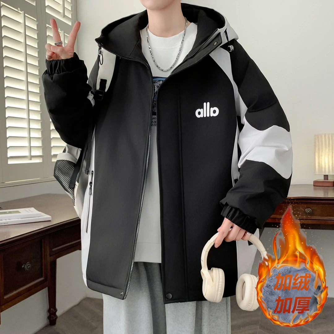 新款青少年加绒加厚连帽撞色外套秋冬季学生保暖百搭帅气上衣男