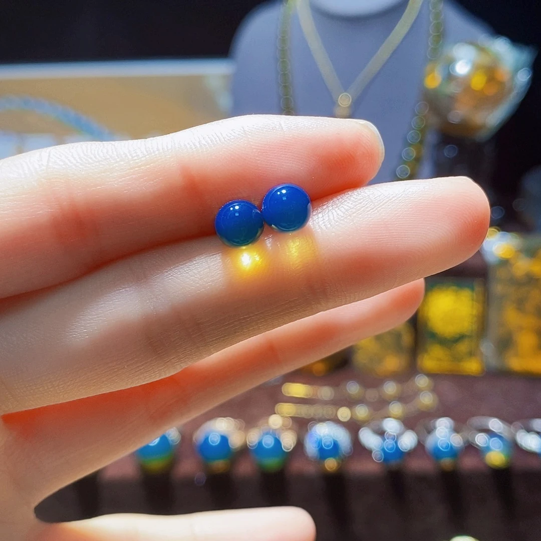 银S925镶嵌蓝珀耳饰6mm高蓝净水耳钉