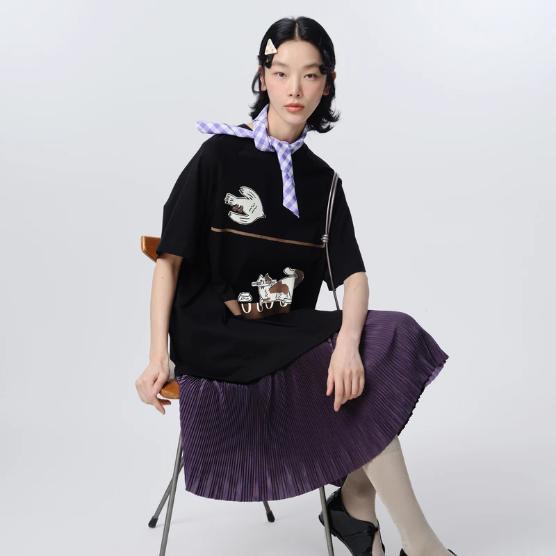 MOVEUP幻走2025夏季新款.FUN 圆领压褶裙摆针织连衣裙325211353