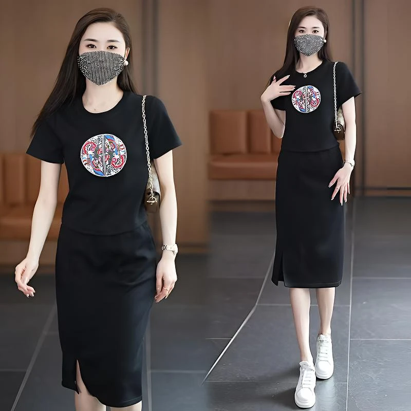 TZ刺绣【衣长48裙长63】新款时尚气质显瘦国风刺绣短袖半身裙两件套