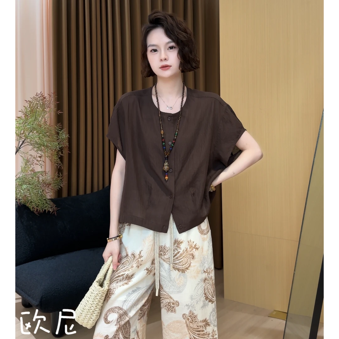 欧尼私服 2025夏时尚气质圆领短袖薄款单排扣休闲上衣2506C3598