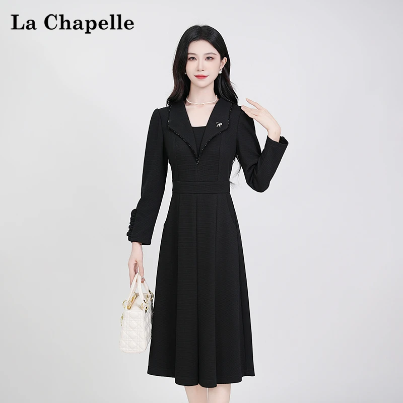 【拉夏贝尔】2025黑色尤莱特穿搭时尚气质显瘦华夫格长连衣裙