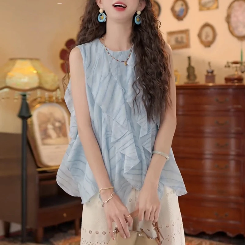 【流动的海】设计感气质格纹不规则无袖衬衫女夏季新款休闲百搭上衣