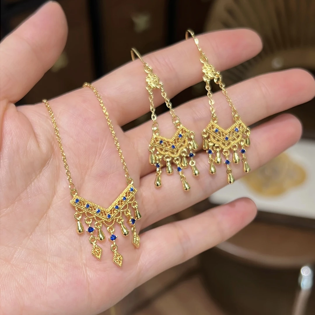 合金耳饰 古法金色花丝四叶草流苏女耳环民族风气质优雅套装手工