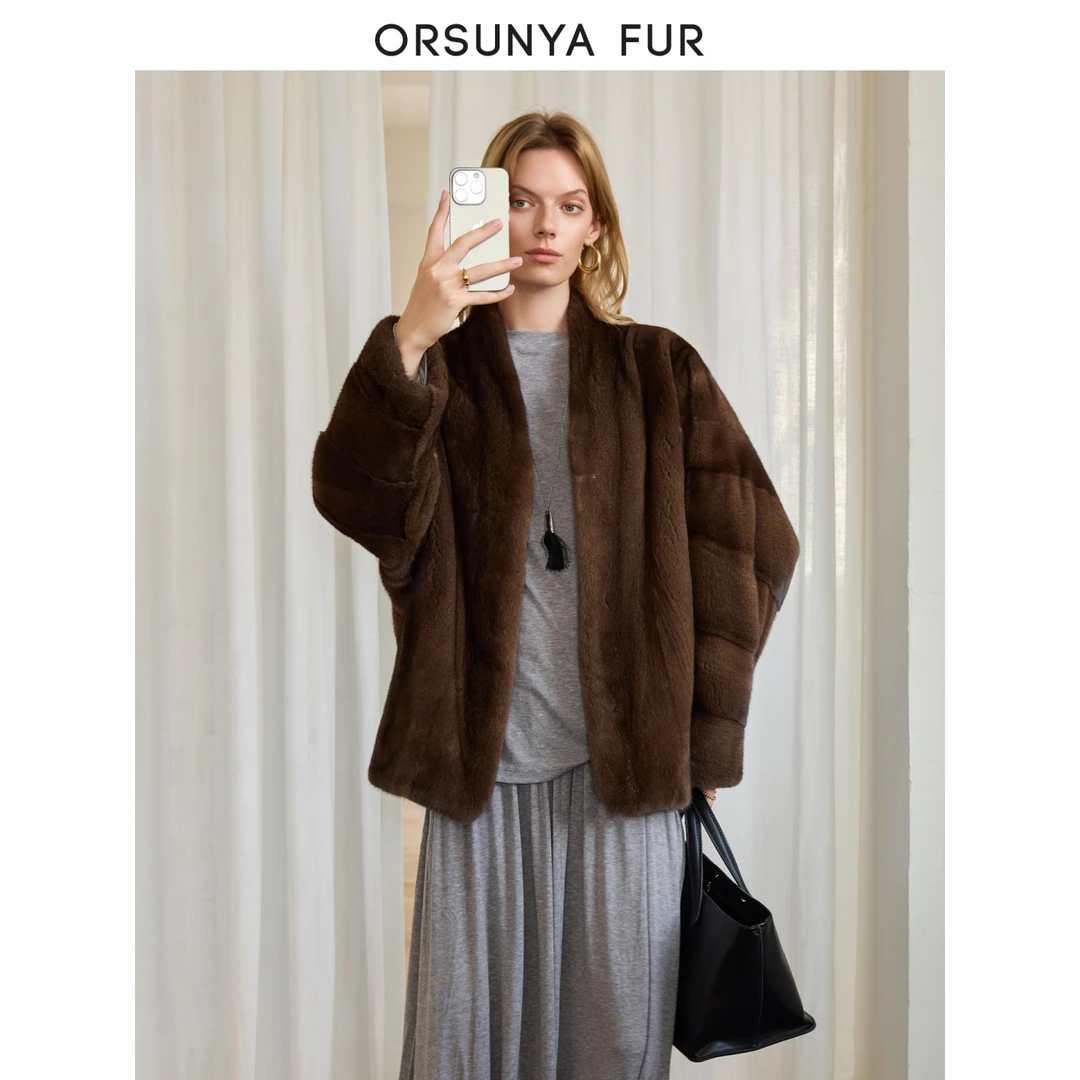 “雪松貂”进口天鹅绒水貂皮草女整貂外套松弛蝙蝠袖貂皮冬ZD34Y025