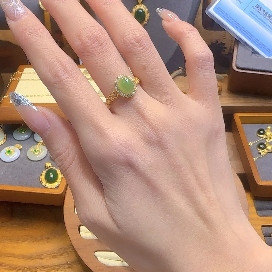 和田玉戒指银S925镀金镶嵌