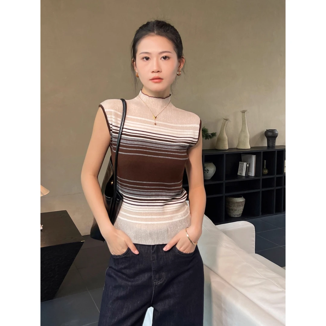 撞色半高领条纹针织吊带背心女内搭秋季无袖外穿短款打底上衣修身