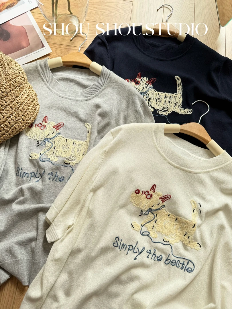 【瘦瘦】甜心西高地-大码夏季圆领重工刺绣勾花薄款针织短袖S01803