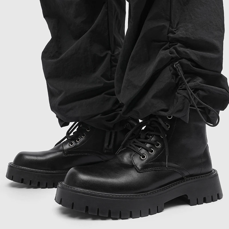 马丁靴男侧拉链款新款鞋子爆款英伦风真皮中帮厚底工装短靴皮鞋