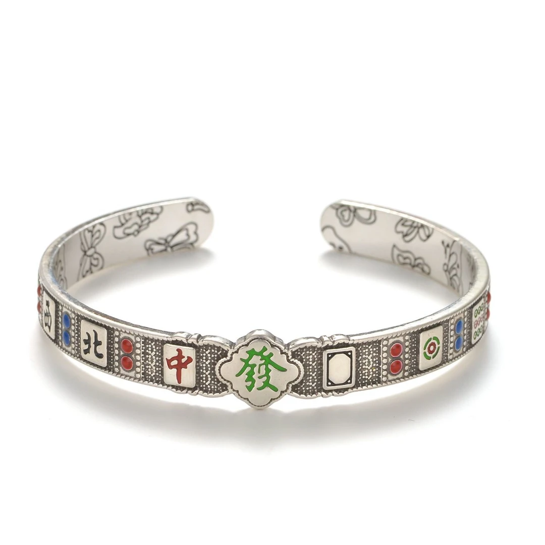 足银手镯 足银999纯银复古招财麻将十三幺珐琅开口手镯 新中式女