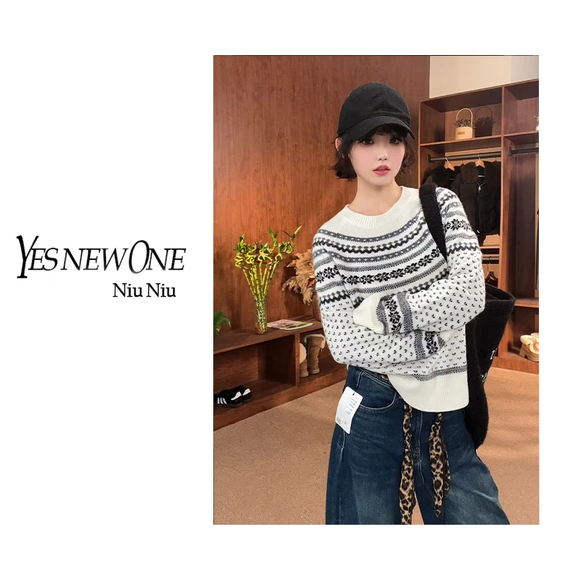 【初雪缀花】100羊毛费尔岛法式优雅套头保暖秋冬针织毛衣228018