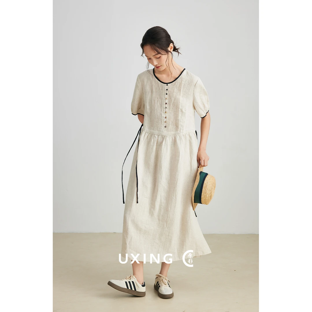 原形法式浪漫风琴褶亚麻连衣裙2025夏季新款气质收腰A字裙91342