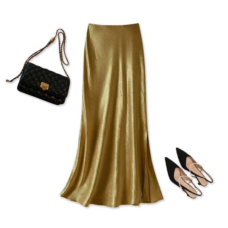 拉夏贝尔显瘦包臀鱼尾裙2025新款一步裙高腰醋酸缎面复古半身长裙