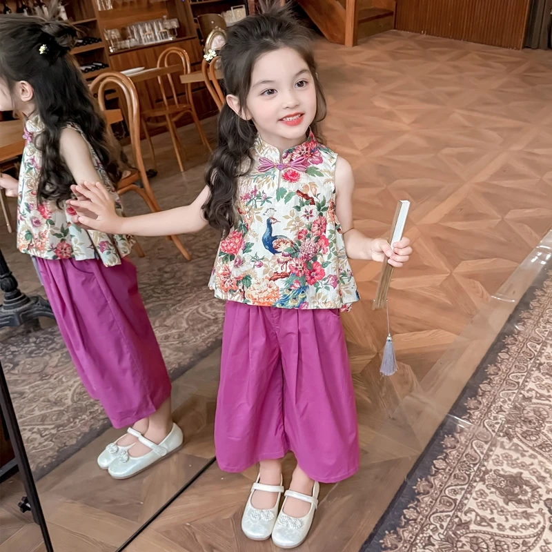 女童夏季套装中国风碎花复古儿童新中式两件套女宝宝洋气时髦国潮