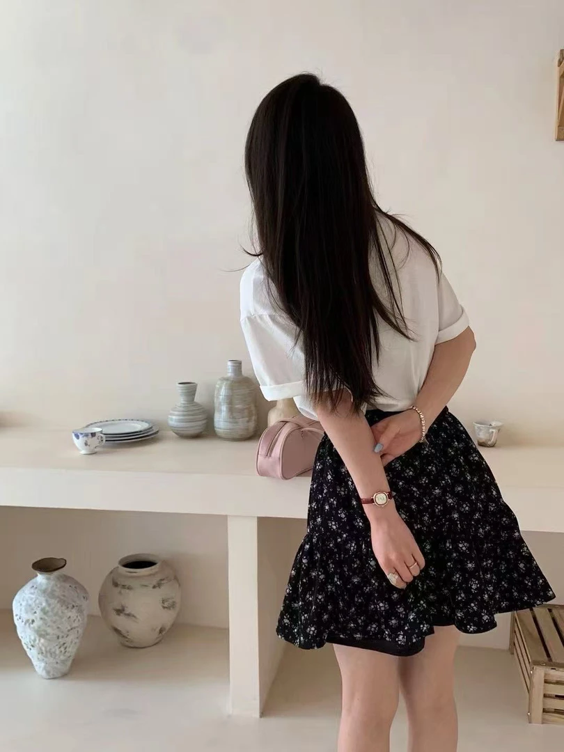 【黑碎花】韩系夏季新款雪纺碎花半身裙女装高腰百褶小个子短裙裤裙