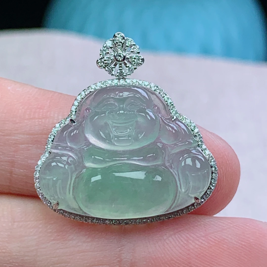 l缅甸天然翡翠A货26.8-25.5-7.6玉石18k金镶嵌冰种晴水佛公吊坠