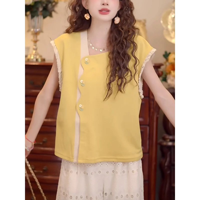 设计感时尚拼色短袖T恤女2025夏季新款小众洋气减龄独特V领上衣潮