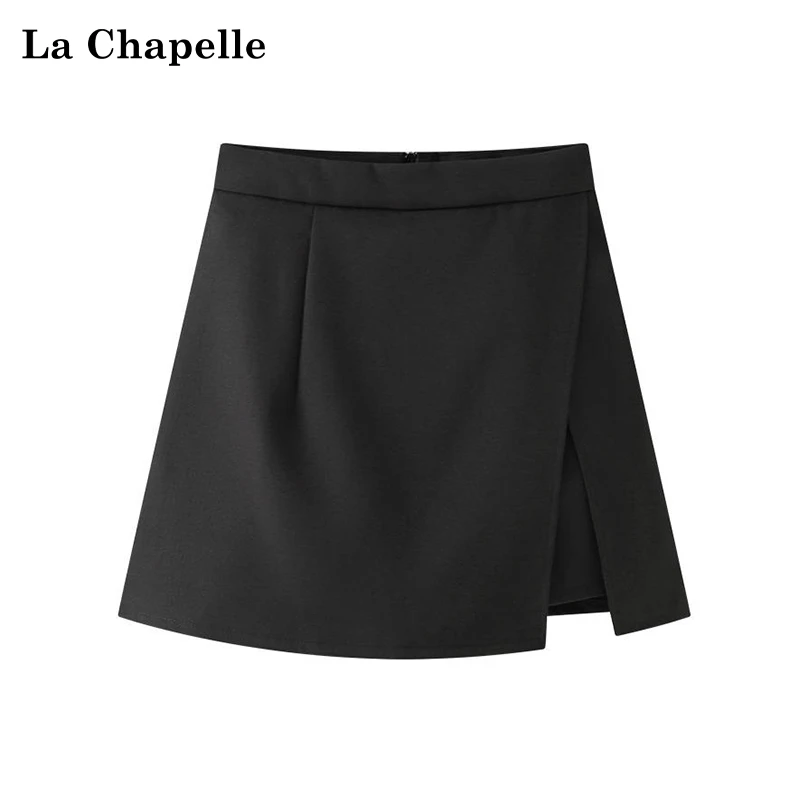 拉夏贝尔不规则开叉半身裙女高腰黑色显瘦a字短裙夏新款高级时尚