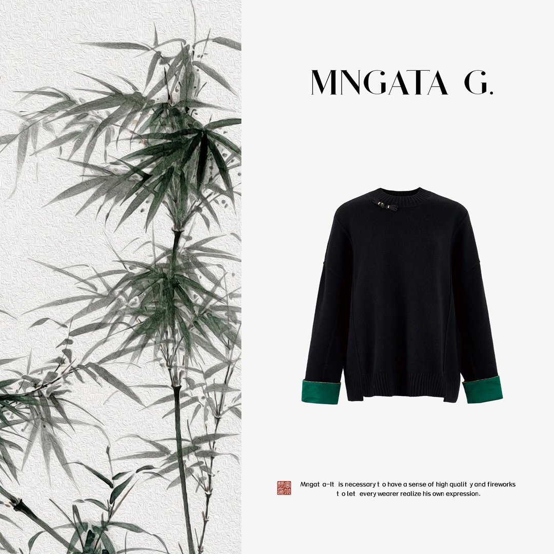 MNGATA G.宫小妍【中式暖绿】高克重绵羊毛新中式针织衫毛衣5061650