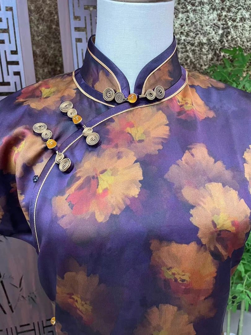 【SY002】紫瑞金萱春夏季旗袍气质复古重磅中长款礼服