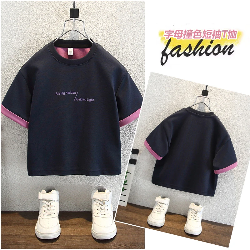 儿童短袖2025夏季男童韩版时髦潮酷薄款柔软字母拼接百搭休闲上衣