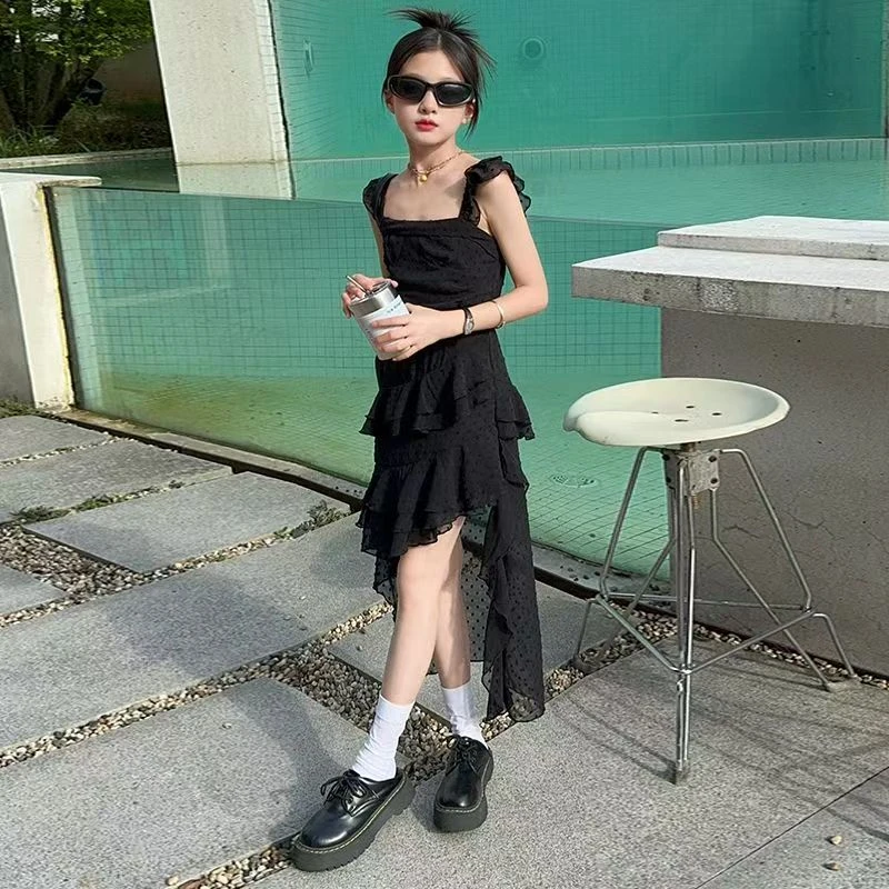 女童2025新款波点小飞袖连衣裙夏季中大童不规则荷叶边拖尾长裙