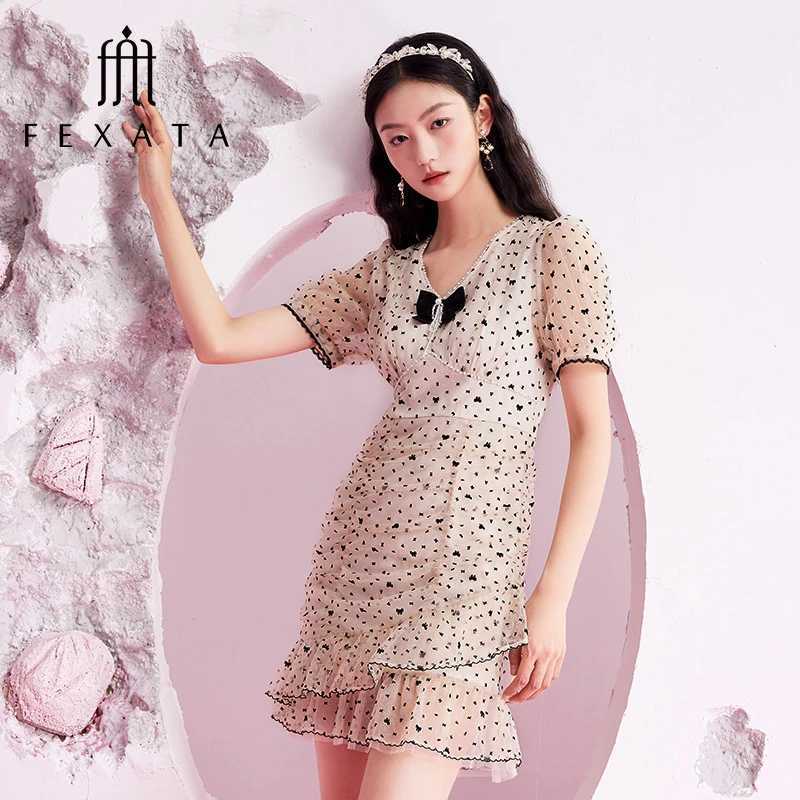 FEXATA斐格思连衣裙2025夏季新品气质V领波点蛋糕裙