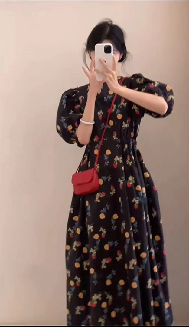【繁华夜影】夏季连衣裙夏季法式黑色碎花裙复古收腰长款丁达尔风
