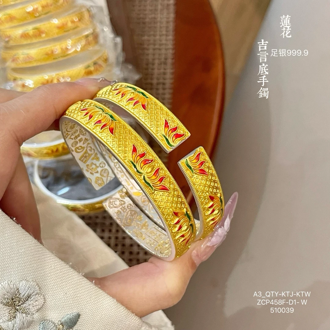 足银珐琅手镯 镯子足银9999火焰红莲花银手镯吉言开口银镯民族风
