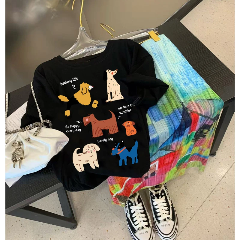 小狗t恤正肩纯棉短袖洋气女装上衣ins圆领百搭气质情侣款半袖衫潮