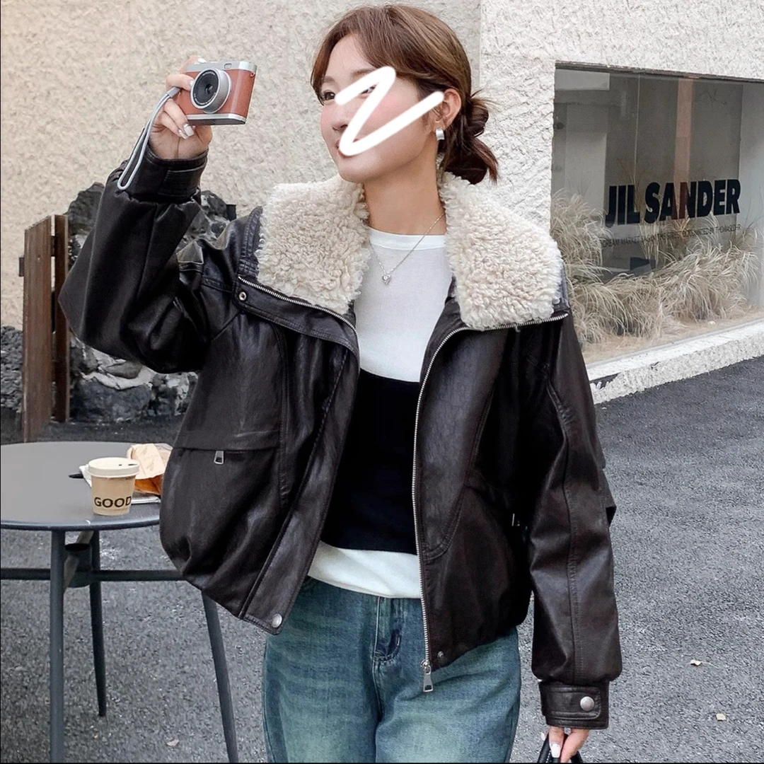 X999256-毛绒大翻领加绒加厚保暖外套女2025秋冬新款宽松显瘦外套