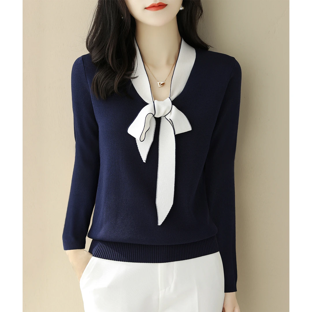 秋冬新款蝴蝶结系带设计长袖女装宽松显瘦毛衣针织衫打底拼色上衣