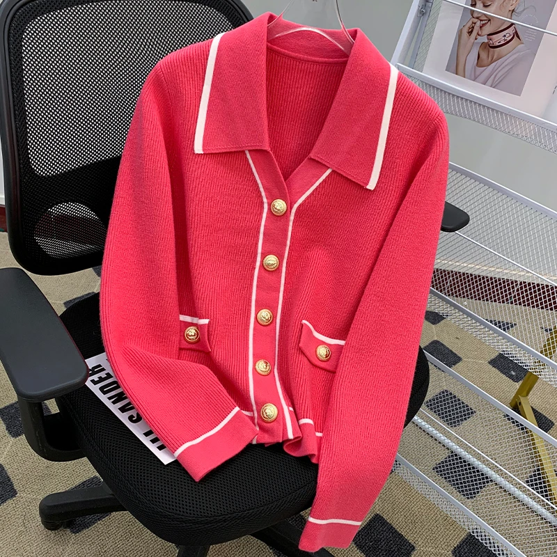 2024新款法式小香风长袖毛衣翻领撞色拼接高级感针织衫上衣