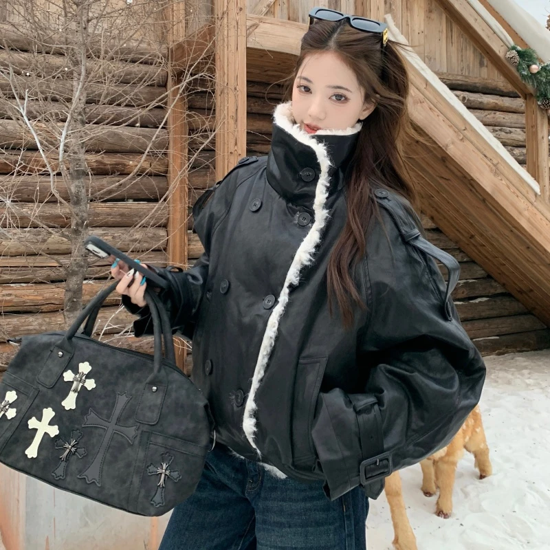 小羊羔毛毛短款PU皮外套女加厚翻领派克服2025冬季新款超好看棉服