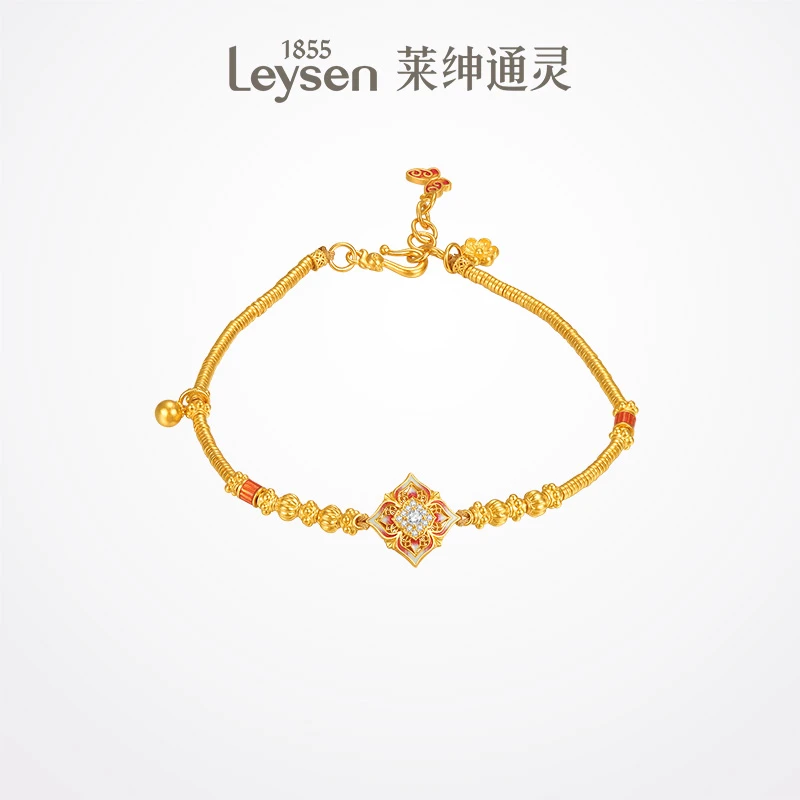 【新品】莱绅通灵新经典系列 宝相花足金钻石手链足金999 百搭