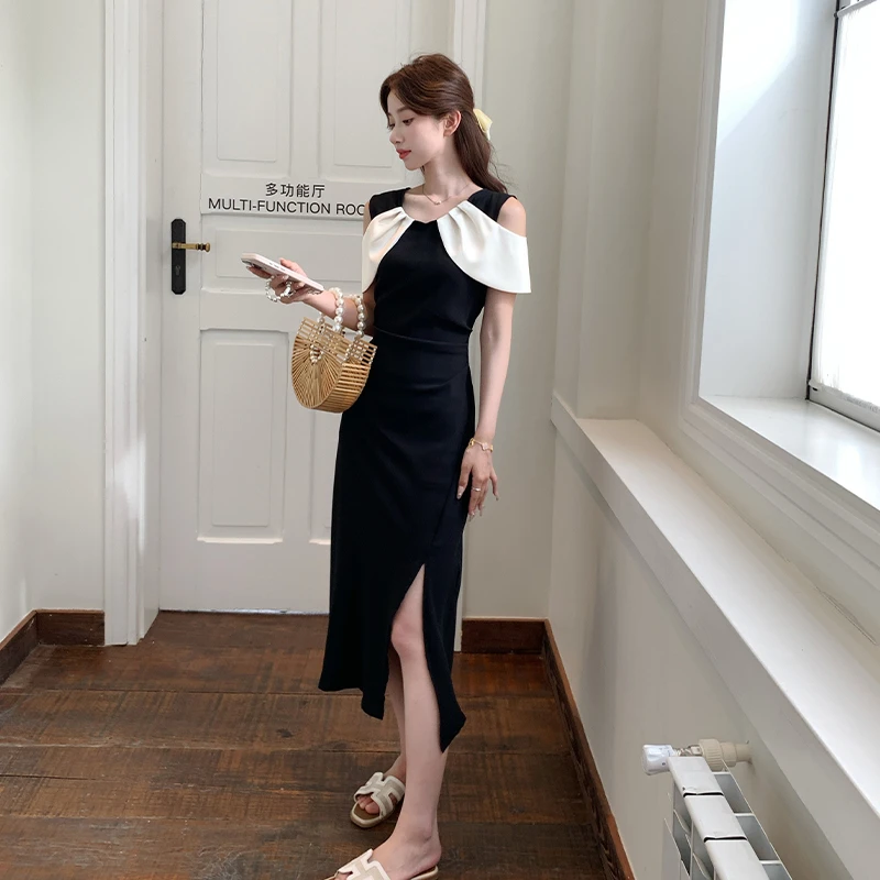 时尚别致连衣裙女夏季高级感开叉显瘦法式气质温婉名媛包臀长裙子