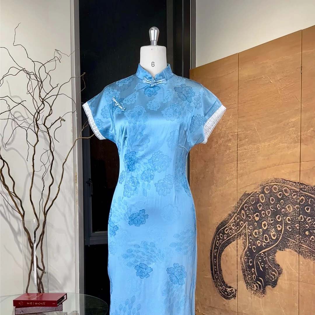着样新中式国风「青蔓」蓝花印花斜襟旗袍连衣裙