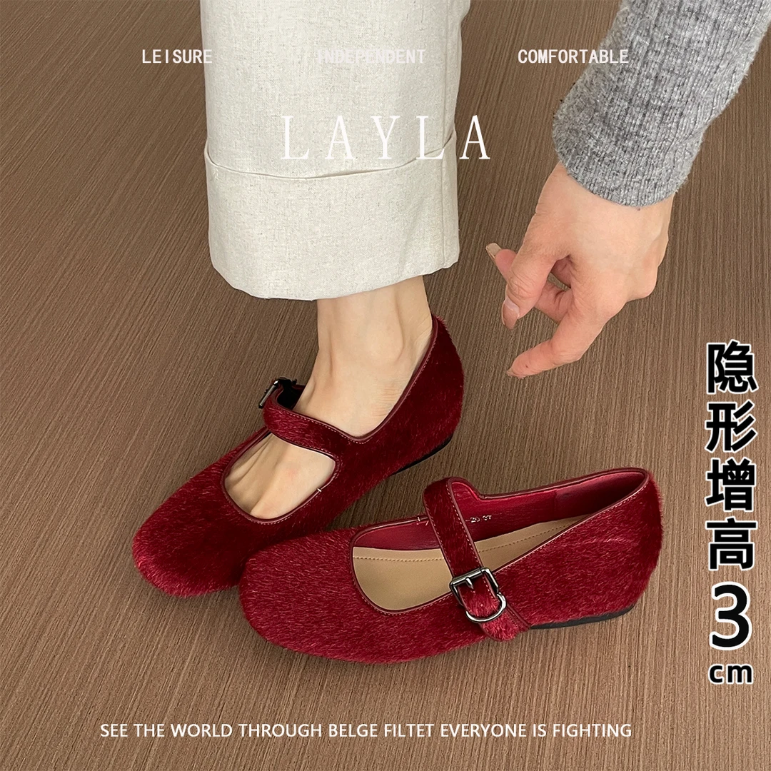 GZ新款磨砂皮圆头浅口内增高管面单鞋韩版橡胶底小牛皮垫配裙