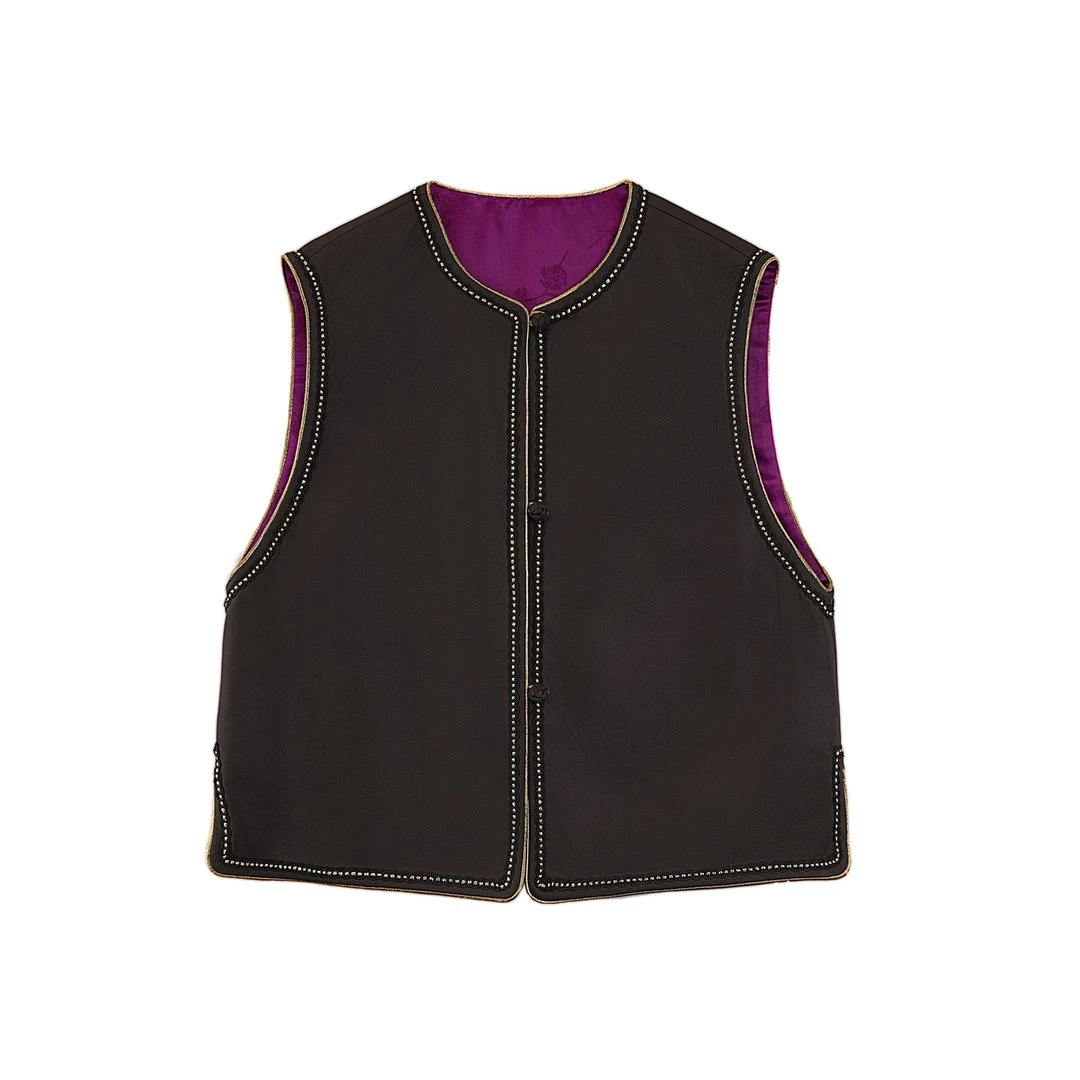 “惊鸿影”短款拼接休闲百搭复古皮马甲/32189