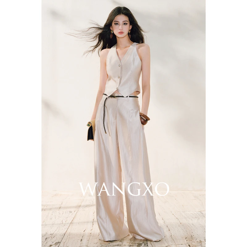 WANGXO  丝织锦缎削肩马甲上衣裤子套装250519W