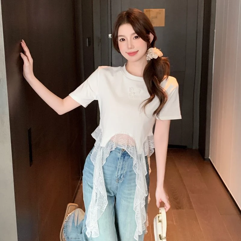 2025夏季新款时尚纯色圆领甜美蝴蝶上衣小衫蕾丝拼接短袖T恤女